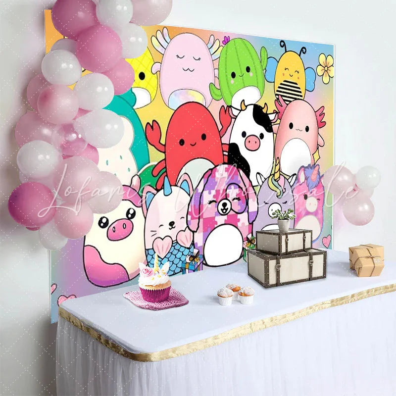 Lofaris Cute Animal Toys Birthday Backdrop Fruit and Plant Plushies Rainbow Gradient Party Photo Booth Props