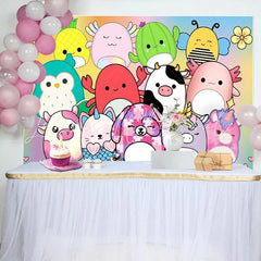 Lofaris Cute Animal Toys Birthday Backdrop Fruit and Plant Plushies Rainbow Gradient Party Photo Booth Props