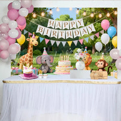 Lofaris Cute Cartoon Animal Birthday Backdrop with Balloons and Cake Outdoor Park Party Background for Kids Photoshoot