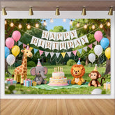 Lofaris Cute Cartoon Animal Birthday Backdrop with Balloons and Cake Outdoor Park Party Background for Kids Photoshoot