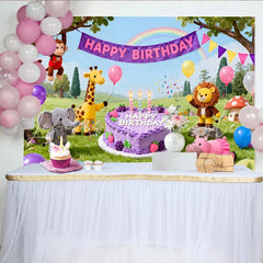 Lofaris Cute Cartoon Animal Birthday Backdrop with Jungle Friends and Purple Cake Happy Party Decor for Kids Photoshoot