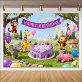 Lofaris Cute Cartoon Animal Birthday Backdrop with Jungle Friends and Purple Cake Happy Party Decor for Kids Photoshoot