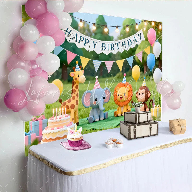 Lofaris Cute Cartoon Animal Happy Birthday Backdrop with Giraffe Elephant Lion and Monkey Green Grass Party Decor for Kids Photoshoot