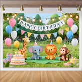 Lofaris Cute Cartoon Animal Happy Birthday Backdrop with Giraffe Elephant Lion and Monkey Green Grass Party Decor for Kids Photoshoot