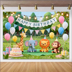 Lofaris Cute Cartoon Animal Happy Birthday Backdrop with Giraffe Elephant Lion and Monkey Green Grass Party Decor for Kids Photoshoot