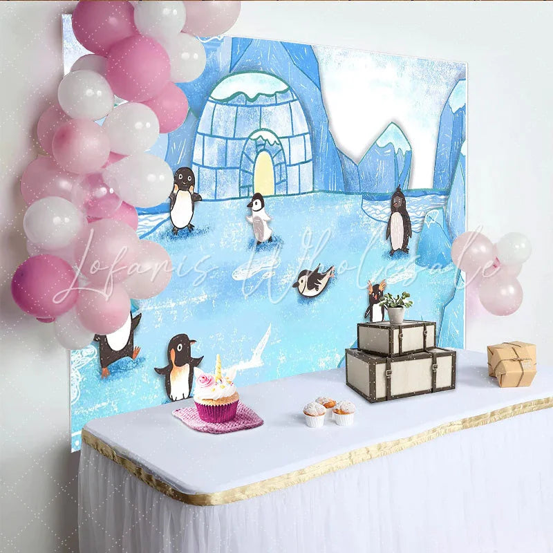 Lofaris Cute Cartoon Arctic Penguin Photography Backdrop Winter Wonderland Studio Background for Kids Photoshoot