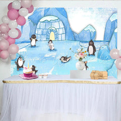 Lofaris Cute Cartoon Arctic Penguin Photography Backdrop Winter Wonderland Studio Background for Kids Photoshoot