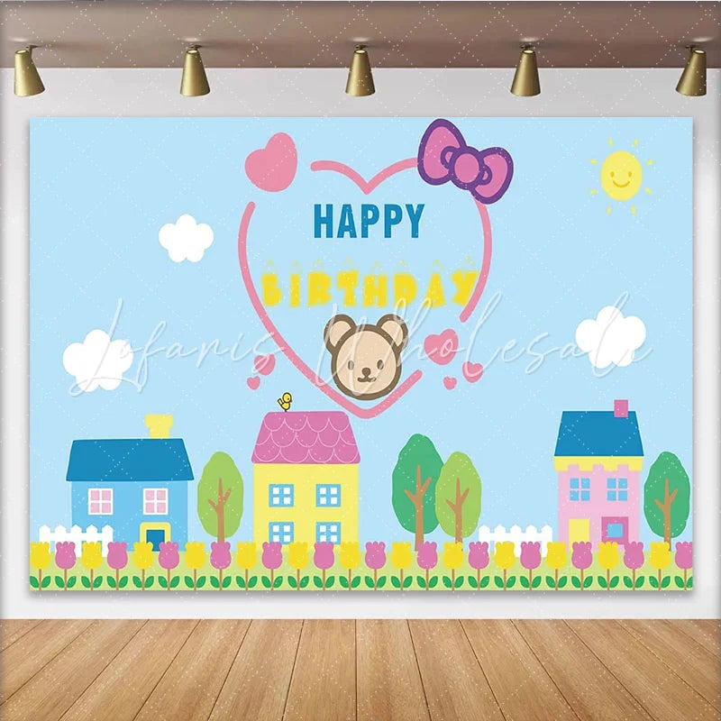 Lofaris Cute Cartoon Bear Happy Birthday Backdrop with Village Houses and Tulips Blue Sky Photography Background for Kids Party Decor