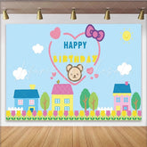 Lofaris Cute Cartoon Bear Happy Birthday Backdrop with Village Houses and Tulips Blue Sky Photography Background for Kids Party Decor