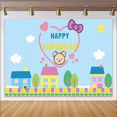 Lofaris Cute Cartoon Bear Happy Birthday Backdrop with Village Houses and Tulips Blue Sky Photography Background for Kids Party Decor
