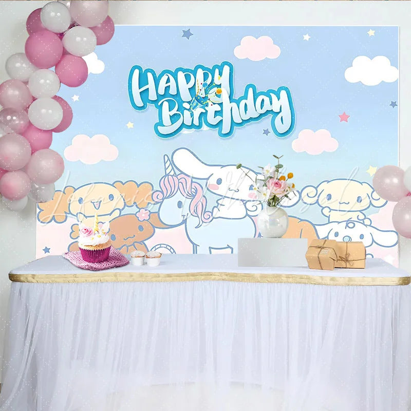 Lofaris Cute Cartoon Birthday Backdrop with Unicorn and Friends Pastel Blue Photo Background for Kids Party Decoration