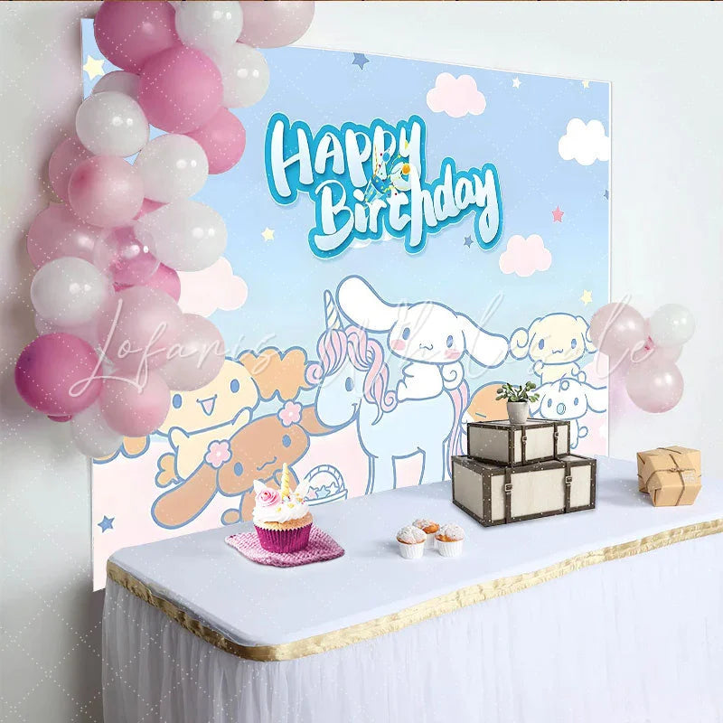 Lofaris Cute Cartoon Birthday Backdrop with Unicorn and Friends Pastel Blue Photo Background for Kids Party Decoration
