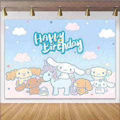Lofaris Cute Cartoon Birthday Backdrop with Unicorn and Friends Pastel Blue Photo Background for Kids Party Decoration