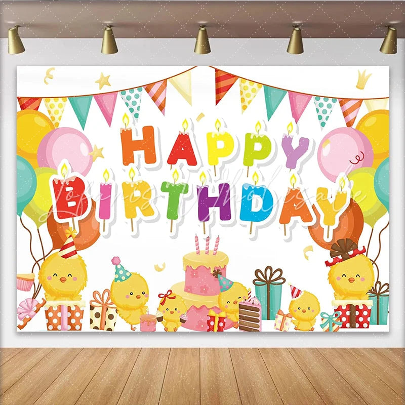 Lofaris Cute Cartoon Chick Birthday Backdrop with Colorful Balloons Party Flags and Cake Photography Background for Kids Celebration