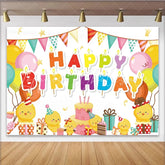 Lofaris Cute Cartoon Chick Birthday Backdrop with Colorful Balloons Party Flags and Cake Photography Background for Kids Celebration