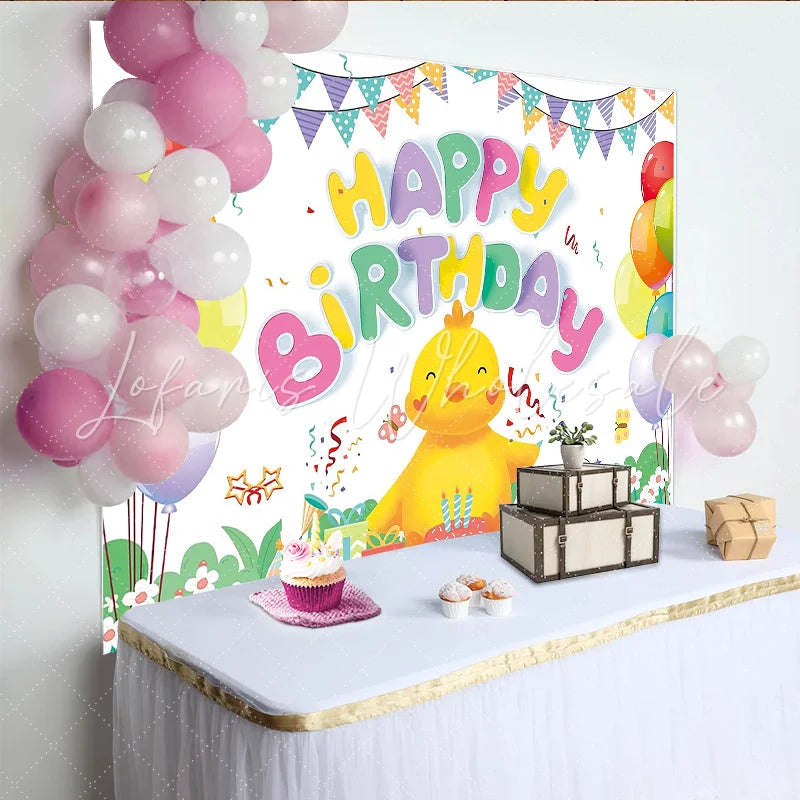 Lofaris Cute Cartoon Chick Happy Birthday Backdrop with Colorful Balloons and Cake Festive Party Decoration for Kids Photoshoot