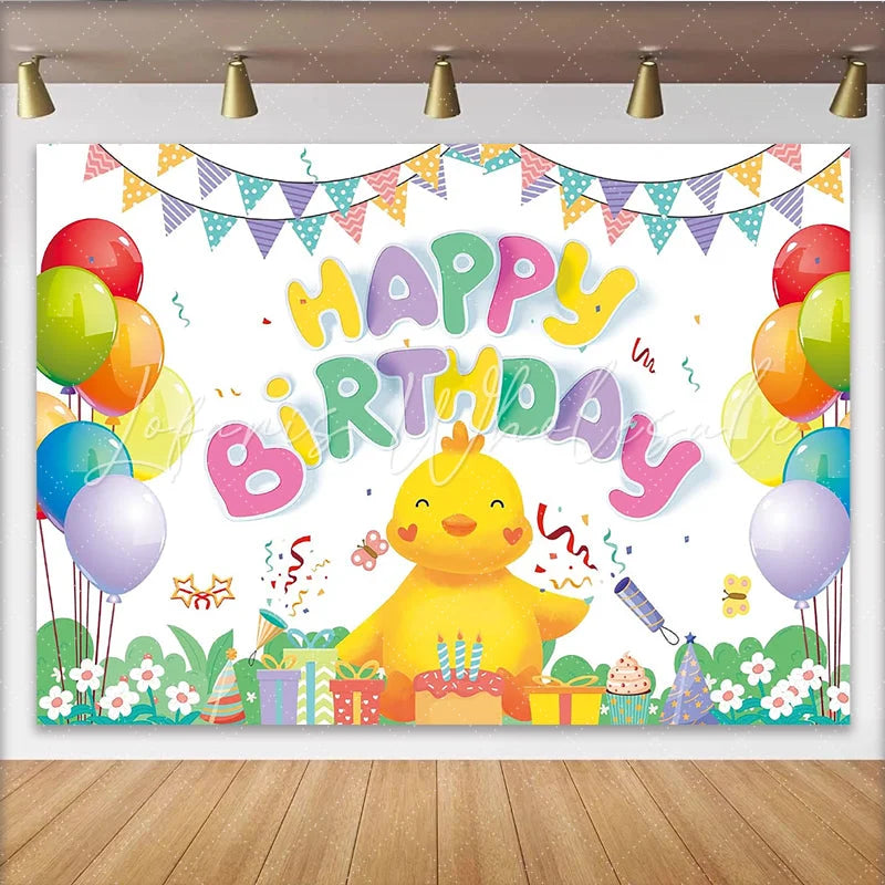 Lofaris Cute Cartoon Chick Happy Birthday Backdrop with Colorful Balloons and Cake Festive Party Decoration for Kids Photoshoot