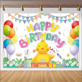 Lofaris Cute Cartoon Chick Happy Birthday Backdrop with Colorful Balloons and Cake Festive Party Decoration for Kids Photoshoot