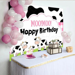 Lofaris Cute Cartoon Cow Birthday Backdrop with Pink Gingham and Moo Moo Text Farm Animal Party Background for Kids Photo Booth Decor
