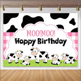 Lofaris Cute Cartoon Cow Birthday Backdrop with Pink Gingham and Moo Moo Text Farm Animal Party Background for Kids Photo Booth Decor