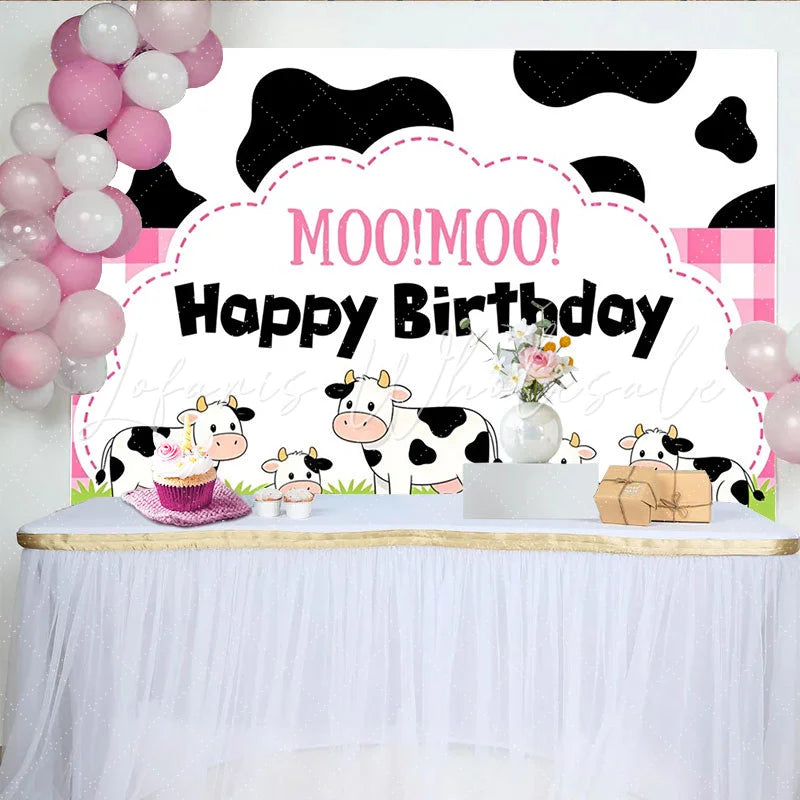 Lofaris Cute Cartoon Cow Birthday Backdrop with Pink Gingham and Moo Moo Text Farm Animal Party Background for Kids Photo Booth Decor
