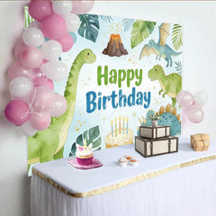 Lofaris Cute Cartoon Dinosaur Birthday Backdrop with Tropical Leaves and Volcano Happy Birthday Party Decor for Kids Photoshoot and Cake