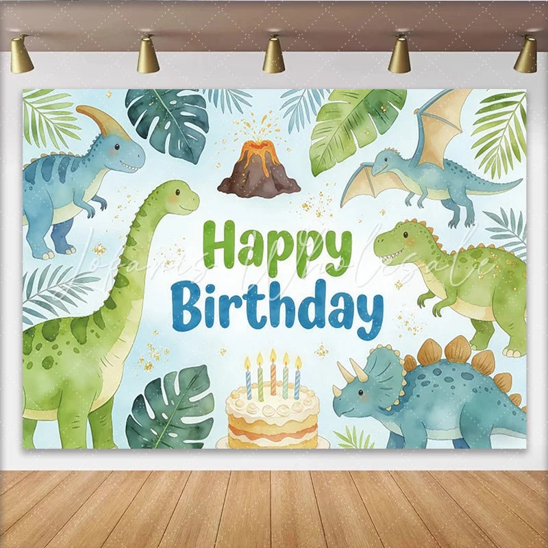 Lofaris Cute Cartoon Dinosaur Birthday Backdrop with Tropical Leaves and Volcano Happy Birthday Party Decor for Kids Photoshoot and Cake