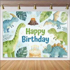 Lofaris Cute Cartoon Dinosaur Birthday Backdrop with Tropical Leaves and Volcano Happy Birthday Party Decor for Kids Photoshoot and Cake