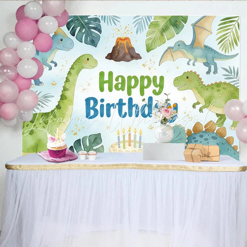 Lofaris Cute Cartoon Dinosaur Birthday Backdrop with Tropical Leaves and Volcano Happy Birthday Party Decor for Kids Photoshoot and Cake