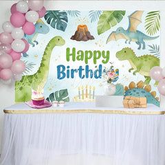 Lofaris Cute Cartoon Dinosaur Birthday Backdrop with Tropical Leaves and Volcano Happy Birthday Party Decor for Kids Photoshoot and Cake