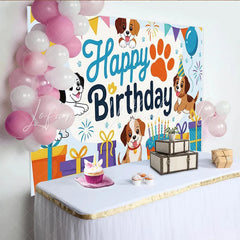 Lofaris Cute Cartoon Dog Happy Birthday Backdrop with Balloons and Cake Adorable Puppy Party Decor for Kids Photoshoot Celebration