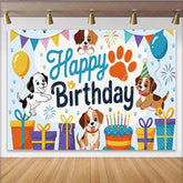 Lofaris Cute Cartoon Dog Happy Birthday Backdrop with Balloons and Cake Adorable Puppy Party Decor for Kids Photoshoot Celebration