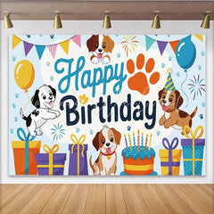 Lofaris Cute Cartoon Dog Happy Birthday Backdrop with Balloons and Cake Adorable Puppy Party Decor for Kids Photoshoot Celebration