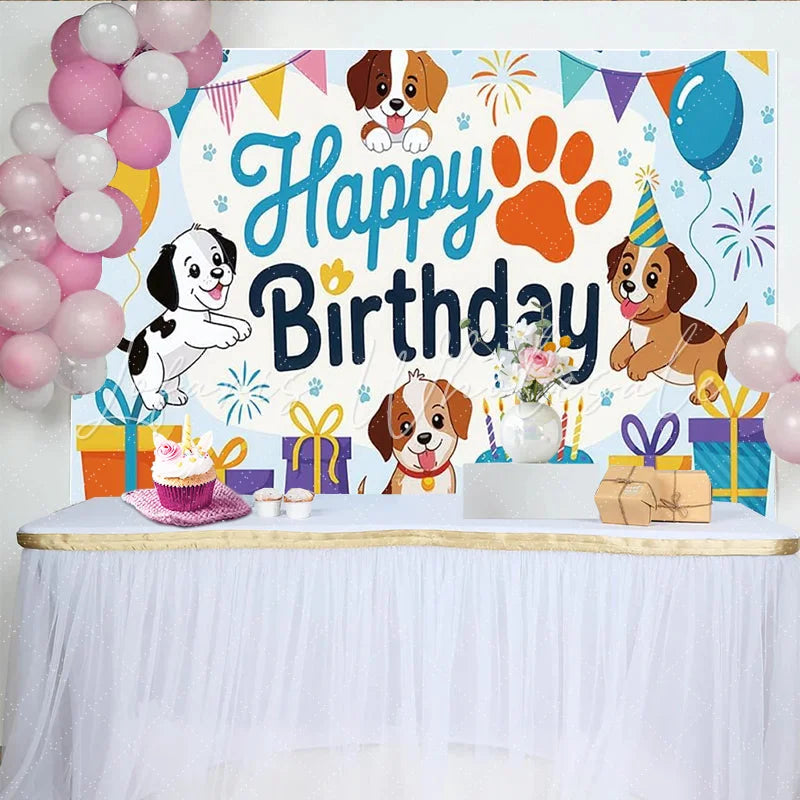 Lofaris Cute Cartoon Dog Happy Birthday Backdrop with Balloons and Cake Adorable Puppy Party Decor for Kids Photoshoot Celebration