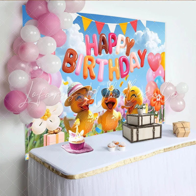 Lofaris Cute Cartoon Duck Happy Birthday Backdrop with Colorful Balloons Festive Party Decor for Kids Photoshoot and Celebration
