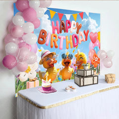 Lofaris Cute Cartoon Duck Happy Birthday Backdrop with Colorful Balloons Festive Party Decor for Kids Photoshoot and Celebration