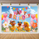Lofaris Cute Cartoon Duck Happy Birthday Backdrop with Colorful Balloons Festive Party Decor for Kids Photoshoot and Celebration