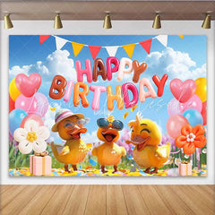 Lofaris Cute Cartoon Duck Happy Birthday Backdrop with Colorful Balloons Festive Party Decor for Kids Photoshoot and Celebration