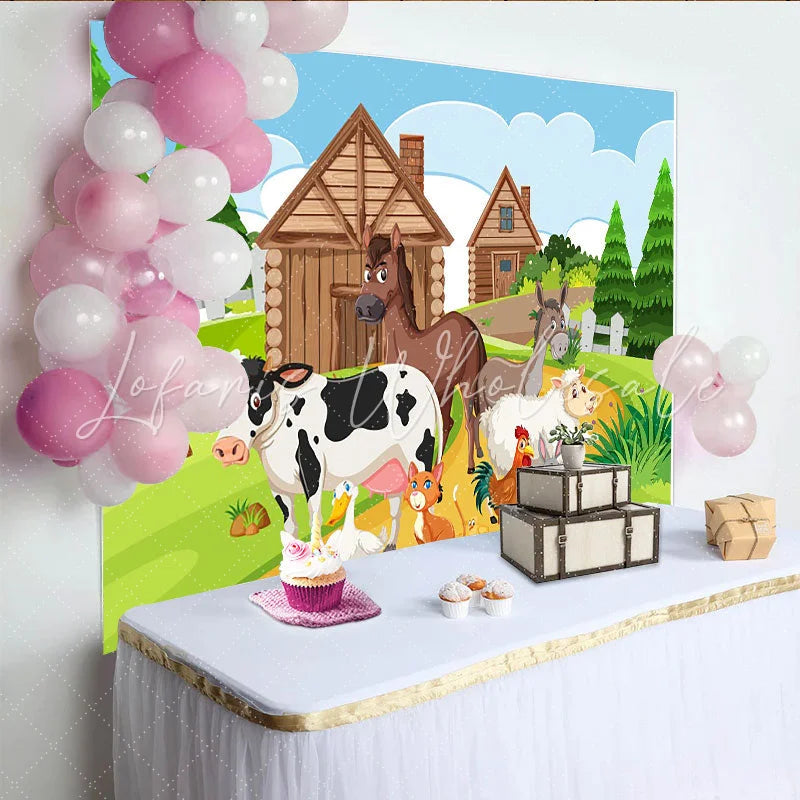 Lofaris Cute Cartoon Farm Animal Birthday Backdrop with Green Fields Adorable Farmhouse Background for Kids Party Decor