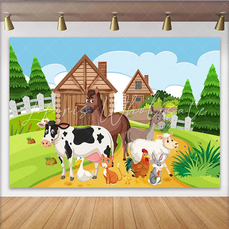Lofaris Cute Cartoon Farm Animal Birthday Backdrop with Green Fields Adorable Farmhouse Background for Kids Party Decor