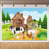 Lofaris Cute Cartoon Farm Animal Birthday Backdrop with Green Fields Adorable Farmhouse Background for Kids Party Decor