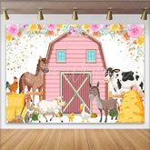 Lofaris Cute Cartoon Farm Animal Birthday Backdrop with Pink Barn Floral Accents Party Background for Kids Photoshoot