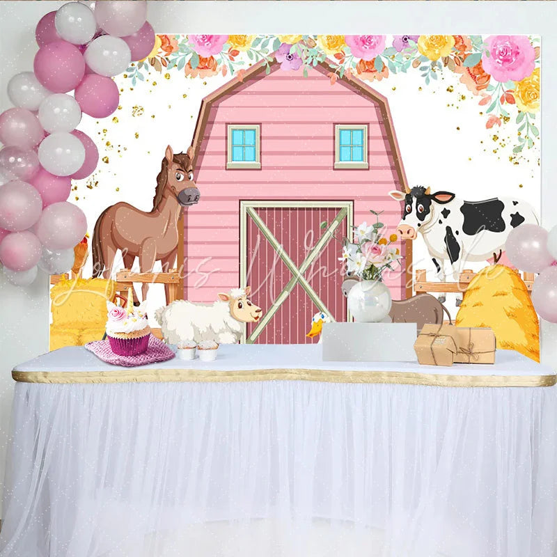 Lofaris Cute Cartoon Farm Animal Birthday Backdrop with Pink Barn Floral Accents Party Background for Kids Photoshoot