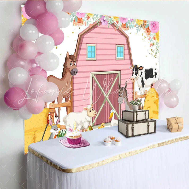 Lofaris Cute Cartoon Farm Animal Birthday Backdrop with Pink Barn Floral Accents Party Background for Kids Photoshoot