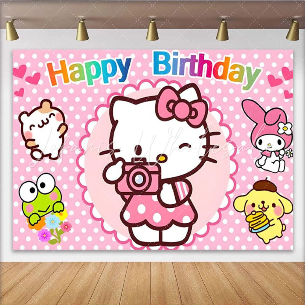 Lofaris Cute Cartoon Friends Happy Birthday Backdrop Hello Kitty My Melody and Keroppi Pink Polka Dot Party for Girls