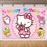 Lofaris Cute Cartoon Friends Happy Birthday Backdrop Hello Kitty My Melody and Keroppi Pink Polka Dot Party for Girls