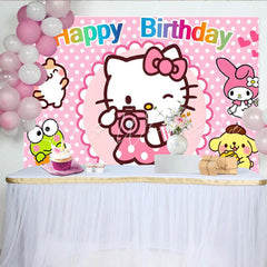Lofaris Cute Cartoon Friends Happy Birthday Backdrop Hello Kitty My Melody and Keroppi Pink Polka Dot Party for Girls
