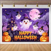 Lofaris Cute Cartoon Ghosts Halloween Backdrop with Spooky Castle and Moon Vibrant Holiday Background for Festive Party Decor and Photo