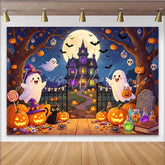 Lofaris Cute Cartoon Halloween Backdrop with Ghosts Pumpkins and Haunted House Festive Night Party Decor for Trick or Treat Photography
