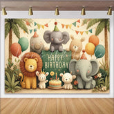 Lofaris Cute Cartoon Jungle Animals Happy Birthday Backdrop Safari Lion Elephant Bear Party Decoration